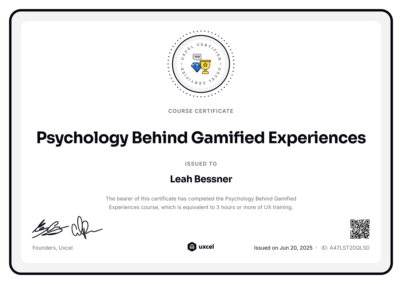 Leah Bessner's certificate